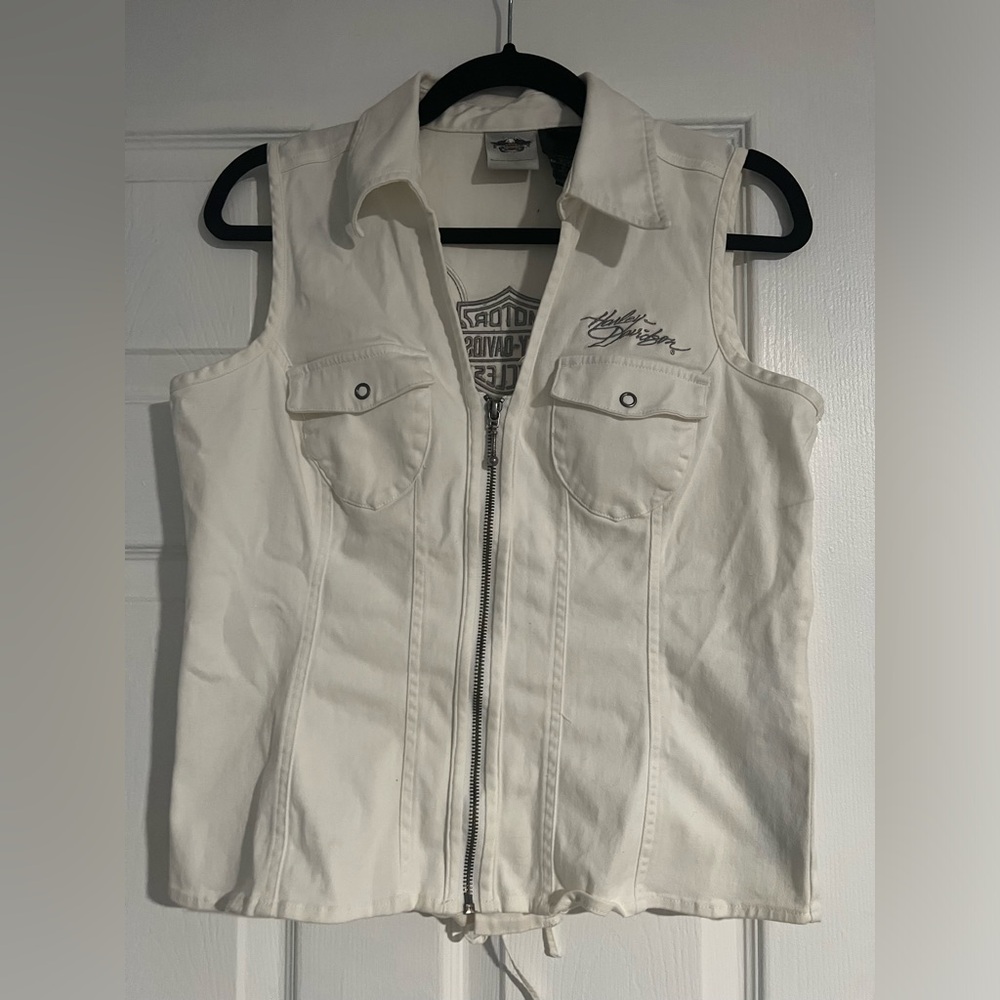 Harley Davidson white denim vest and blue denim vest